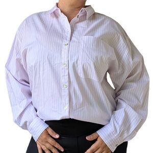H&M Light Pink White Striped Button Down Shirt Collar Pocket Relaxed Women Sz L